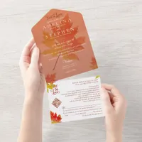 Boho Fall Leaves Burnt Orange Fall in Love Wedding All In One Invitation