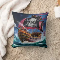 Pirate Ship Sailing Through Stormy Seas at Dusk Throw Pillow