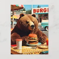 Cute Bear at the Diner With a Cheeseburger Feast Postcard