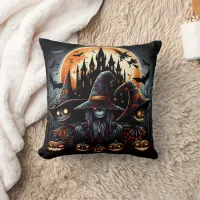 Halloween scarecrow trio under a full moon throw pillow