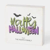 Happy Halloween Typography w/Bats Green ID685 Wooden Box Sign