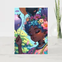 Pretty Black Anime Girl with Birthday Balloons Card