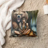 Native Woman by Campfire With Bear Throw Pillow