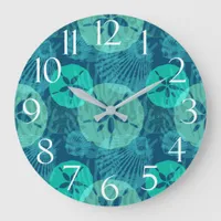 Teal and Navy Blue Seashells Sand Dollars Beach Large Clock