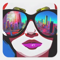 City Reflection in Sunglasses Woman Square Sticker