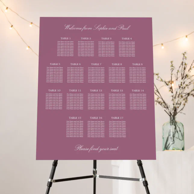 Mauve 17 Table Wedding Seating Chart Foam Board