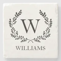 Monogram Family Name Laurel Wreath Crest Stone Coaster