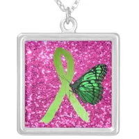 Lyme Ribbon with Green Butterfly Pink Necklace