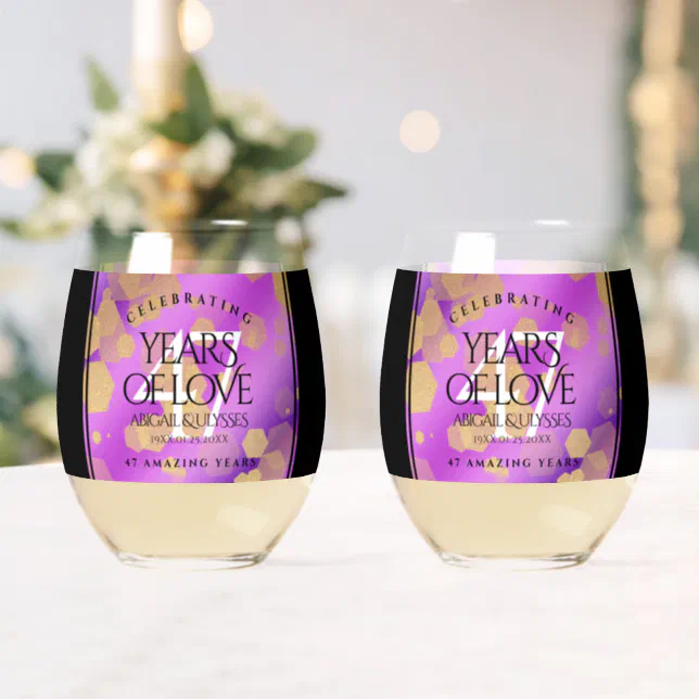 Elegant 47th Amethyst Wedding Anniversary Stemless Wine Glass