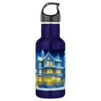 Joyeux Noël Pretty Blue Christmas House Stainless Steel Water Bottle