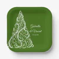 Green Christmas Tree Winter Wedding Paper Plates