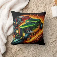 Hot rods racing through a fiery night landscape throw pillow