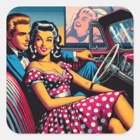 Retro Couple in Car at Drive In Movie Square Sticker