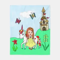 Pretty Red Head Princess and Unicorn Fairy Tale Fleece Blanket