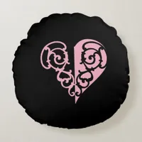 Bold Pink and Black Filigree Heart  Round Pillow