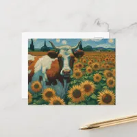 Brown Spotted Cow in Faux Van Gogh Sunflower Field Postcard