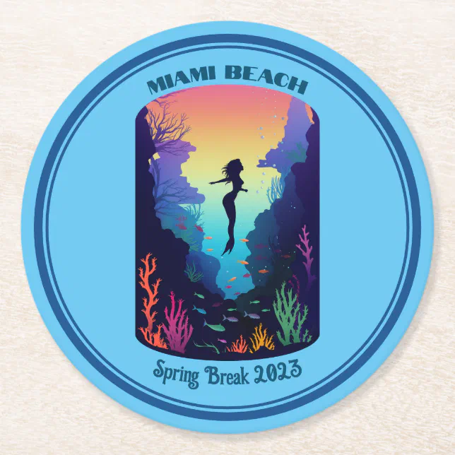 Miami Beach Spring Break 2023 Mermaid Reef Round Paper Coaster