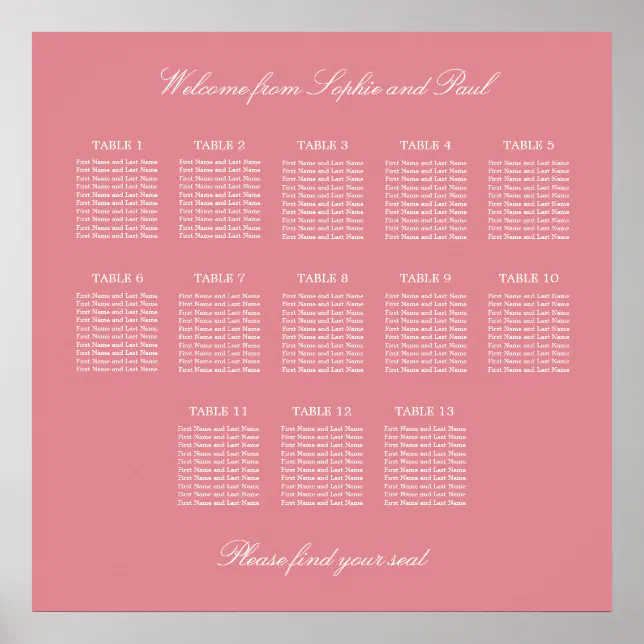 Blush Pink 13 Table Wedding Seating Chart Poster