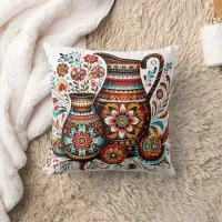 Vibrant folk art pottery with intricate designs throw pillow