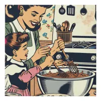 Cute Retro Mom and Daughter Baking Together Faux Canvas Print