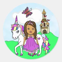 Pretty Ethnic Princess and Unicorn Castle Classic Round Sticker