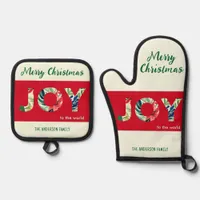 Colorful Festive Joy To The World Merry Christmas Oven Mitt & Pot Holder Set