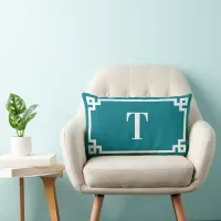 Dark Turquoise and White Greek Key Border Monogram Lumbar Pillow