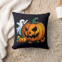 A playful ghost and carved pumpkin for Halloween Throw Pillow