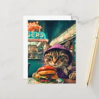 Cute Cat in the Diner With a Cheeseburger Postcard