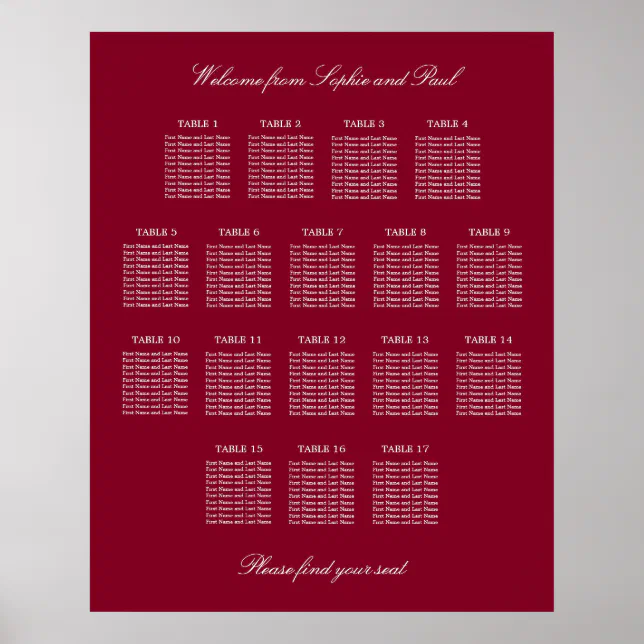 Burgundy 17 Table Wedding Seating Chart Poster