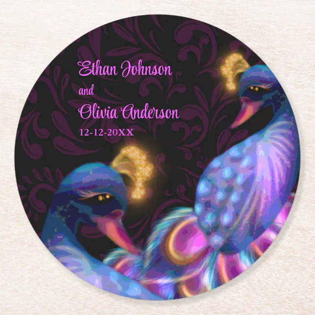 Peacock Jewel Tones Wedding Floral Moody purple Round Paper Coaster