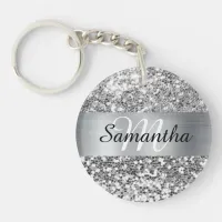 Sparkly Silver Glitter Foil Personalized Monogram Keychain
