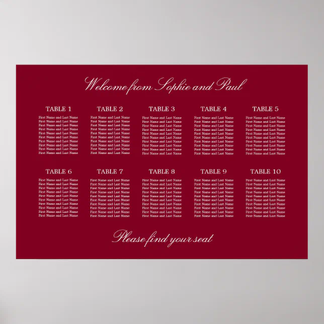 Burgundy 10 Table Wedding Seating Chart Poster