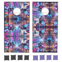 Vibrant Neon Cyberpunk Cityscape Fantasy | Cornhole Set