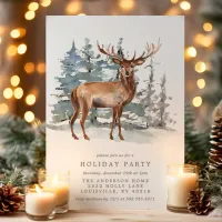 Watercolor Deer Stag In Snow Holiday Party Invitation