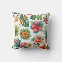 Tropical Palm Trees and Flowers Throw Pillow