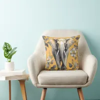 Cute Large Elephant Walking over Yellow Daisies Throw Pillow