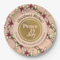 Peace & Joy, Pink and Gold Poinsettia Christmas Paper Plates