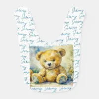 Watercolor Illustration Teddy Bear Personalized Baby Bib