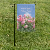 Pink rose bush under blue sky, custom  garden flag