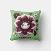 Cute Monogram Burgundy and White Flower on Green | Throw Pillow