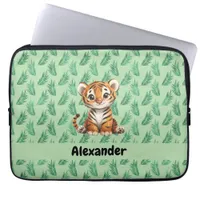 Cute Cartoon Tiger on Tropical Leaves Laptop Sleeve