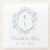 Dusty Blue Floral Crest Monogram Wedding Glass Coaster