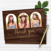 Rustic Wood Gold Arch 3 Photo Graduation Thank You Card