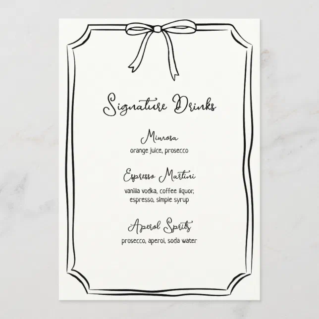 Hand Drawn Bow Coquette Chic Signature Drinks Menu