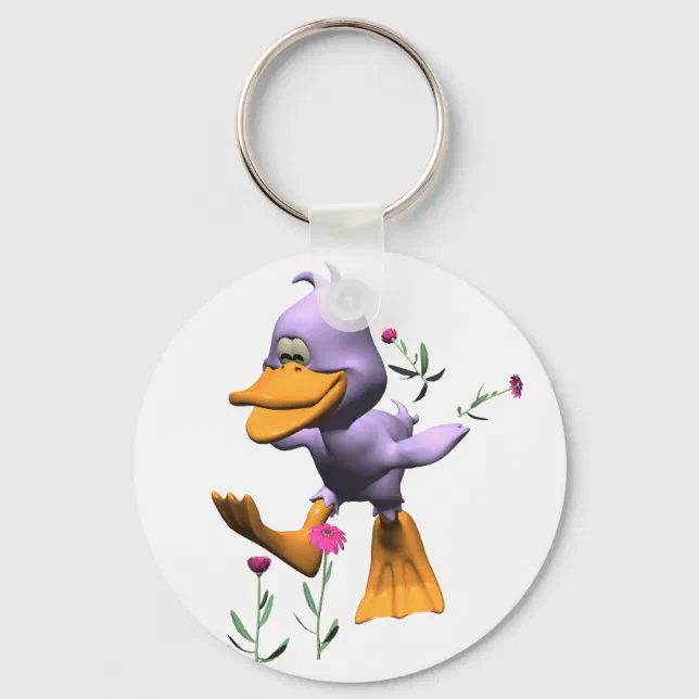 Cute Happy Cartoon Duck Running Through Flowers Keychain