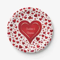 Red Love Heart Pattern Valentine Name Party Paper Plates