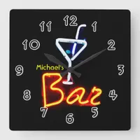 Neon Sign Home Bar Personalized Square Wall Clock