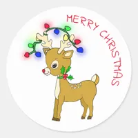 Cute Baby Reindeer with Christmas Lights Classic Round Sticker