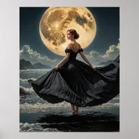 Ocean Dance Under the Moon Woman in Black Dress Poster